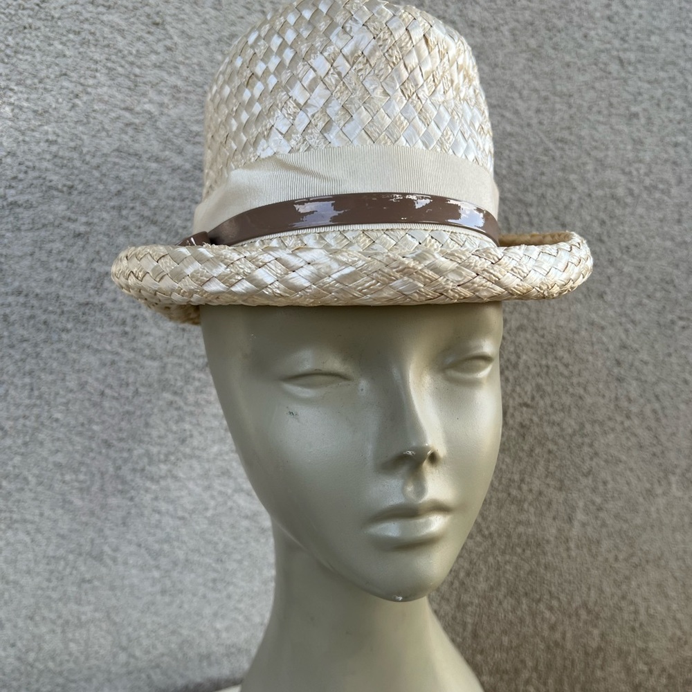 Vintage 70s ivory boater hat cello weave straw sz 21.5” by Sears Millinery